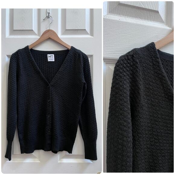 Madeleine Thompson Black Wool Blend Ruched Shoulder Long Sleeve Cardigan Small - Picture 1 of 11